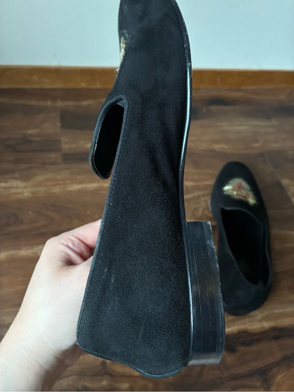 Roberto Cavalli Black Suede Embroidered Crest Smoking Slipper Loafers Size:EU 45